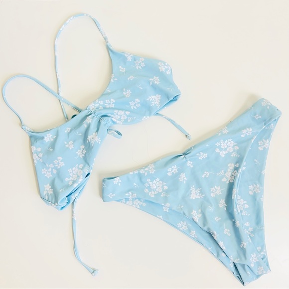 Blue Ditsy Floral Strappy Tie Back Ruched High Leg Bikini Swim Set - Picture 1 of 6
